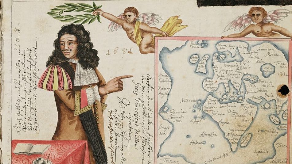 Ein in die Schweiz zurückgekehrter Söldner zeigt auf die Karte der von ihm bereisten Welt © St. Gallen, Stiftsbibliothek, Cod. Sang. 1311, S. 5