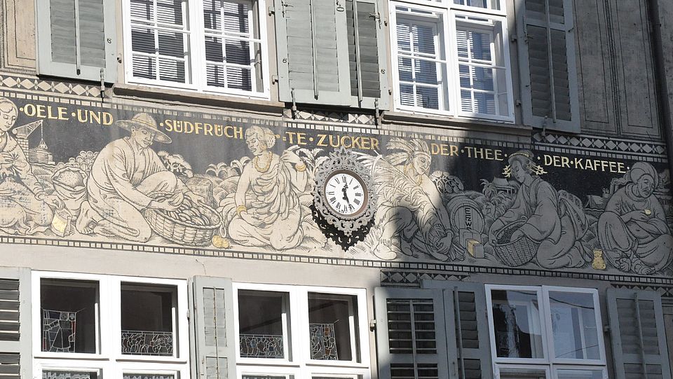 Image of mural on the theme of colonial trade by artist Burkhard Mangold