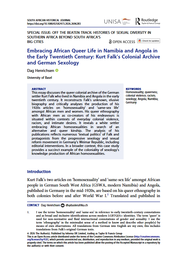 Publication: "Embracing African Queer Life in Namibia and Angola in the Early Twentieth Century: Kurt Falk’s Colonial Archive and German Sexology"