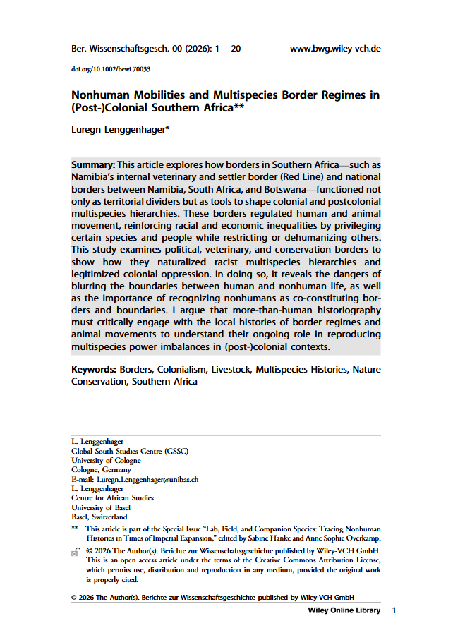 Publication: "Nonhuman Mobilities and Multispecies Border Regimes in (Post-)Colonial Southern Africa"