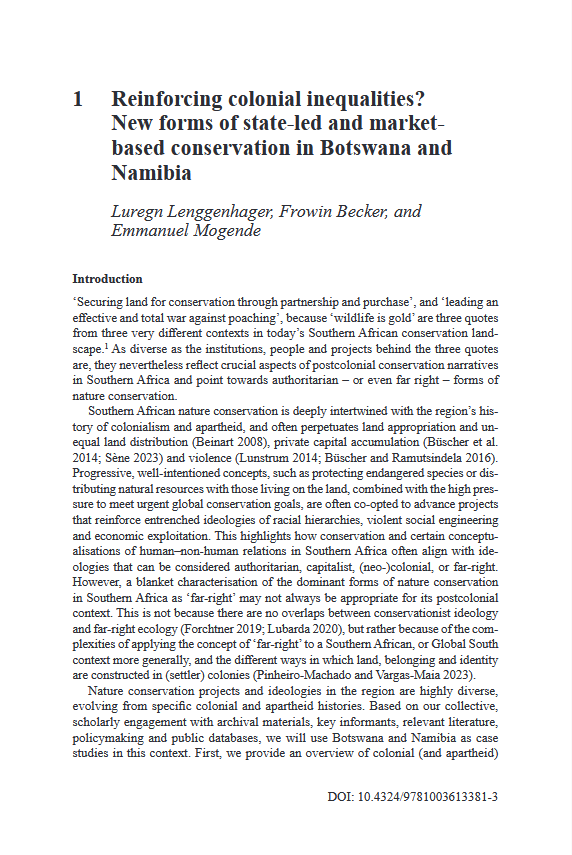 Publication: "Reinforcing colonial inequalities? New forms of state-led and market-based conservation in Botswana and Namibia"